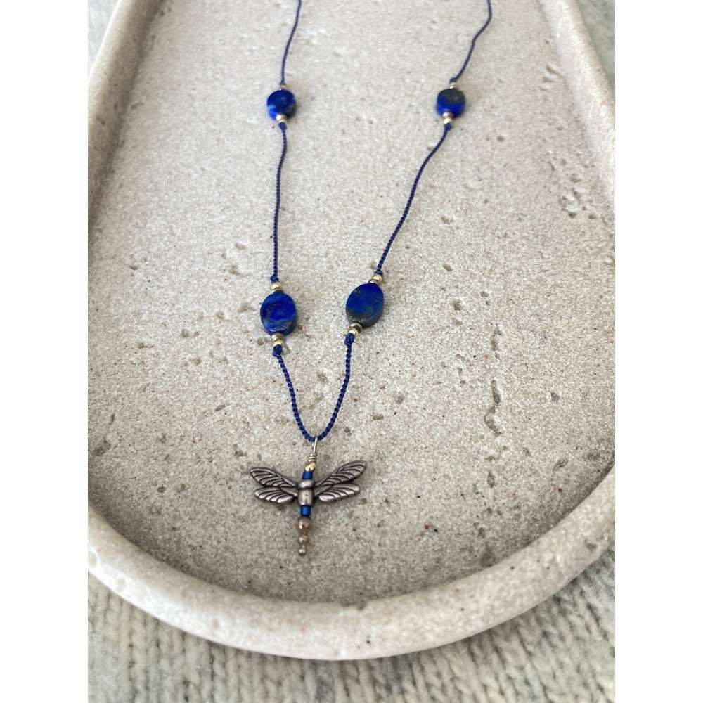 Blue Beaded Dragonfly Pendant Necklace Macrame Cord Silver‎ Tone Charm Fairy